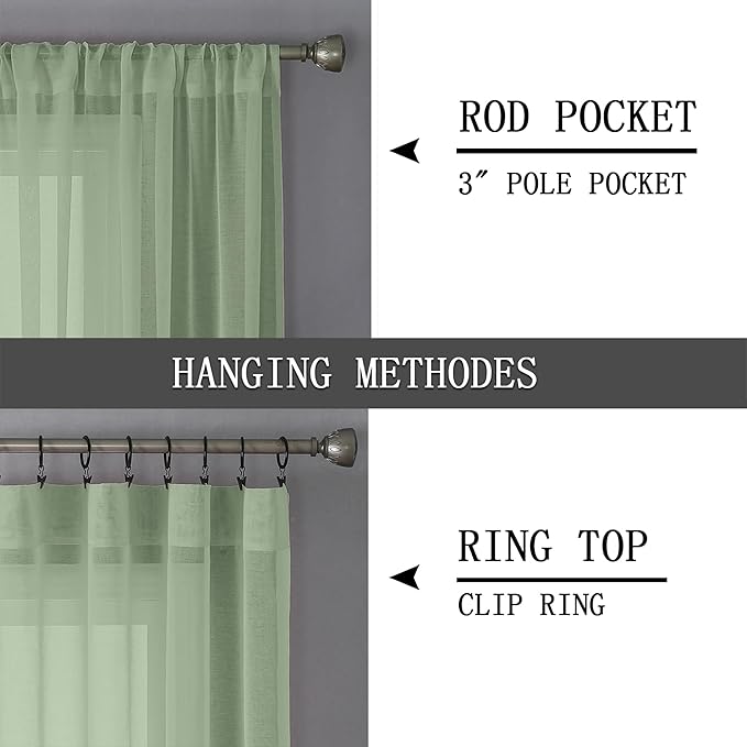 Tollpiz Sheer Curtains Linen Textured Bedroom Curtain Sheers Light Filtering Rod Pocket Voile Curtains for Living Room, 54 x 63 inches Long, Sage Green, Set of 2 Panels