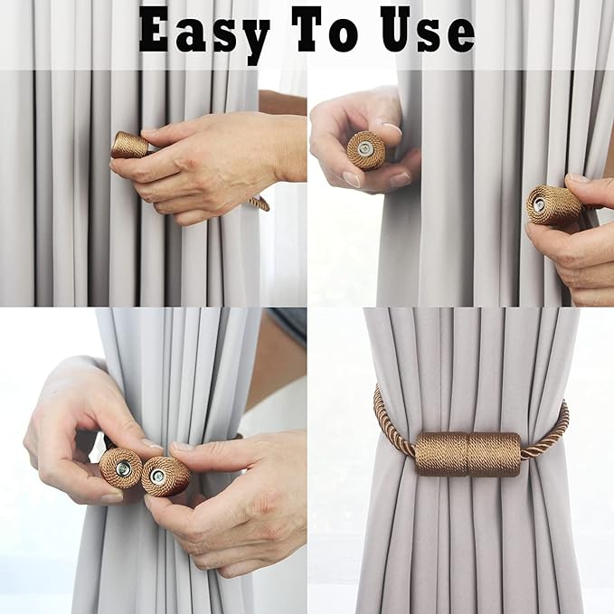 2 Pack Strong Magnetic Curtain Tiebacks Outdoor Elegant Decorative Tie Backs Modern Rope Tiebacks for Drapes Window Curtain Holdbacks for Draperies- Khaki