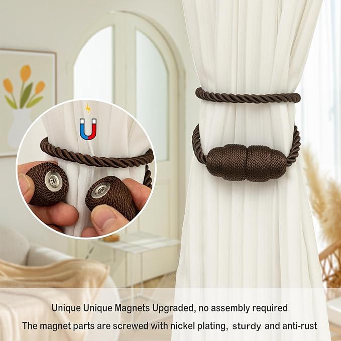Magnetic Curtain Tiebacks Rope Curtain Tie Backs for Curtains 8 Pack Curtain Holders for Drapes Decorative Window Curtain Holdbacks, Coffee