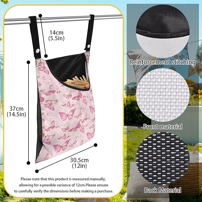 2 Pcs Butterflies Print Clothespin Bag for Clothes Pins Heavy Duty Outdoor Use, Laundry Clothesline and Clothes Pin Holder Clothespin Bag