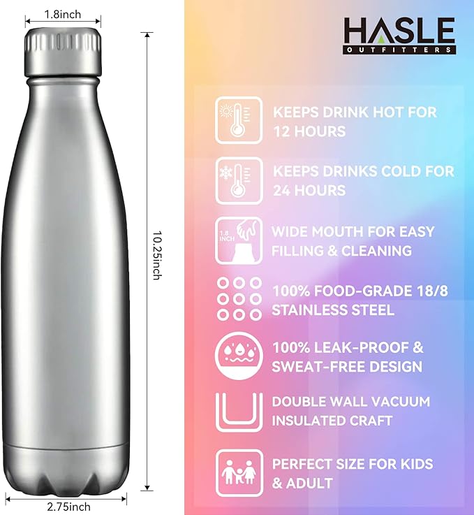 HASLE OUTFITTERS 17oz Stainless Steel Water Bottles, Vacuum Insulated Water Bottles Double Walled Reusable Metal Sports Water Bottles Keep Drinks Hot and Cold, Stainless, 1Pack