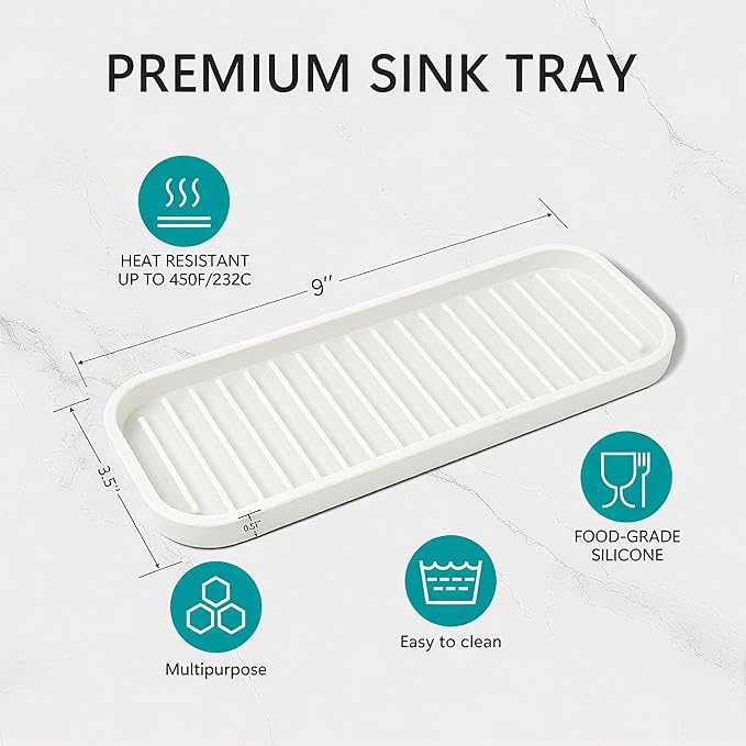 Mofason Silicone Sponge Holder, Tray for Soap and Sponge, Kitchen Sink Tray, Accessories to Help You Clean Kitchen Sink Sponge Rack（White, 2 Pack）