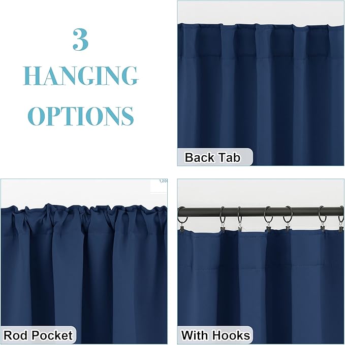RYB HOME Blackout Kitchen Curtains, Thermal Insulated Back Tabs Window Curtain Room Darkening Shades Ideal Match for Bathroom Basement RV, Navy, Width 42 inch x Length 63 inch, 2 Panels Set