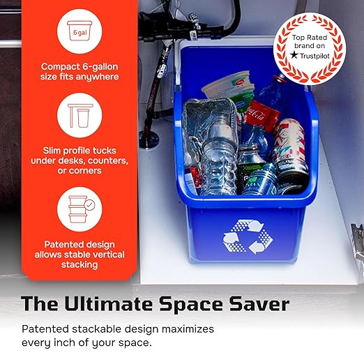 6 Gallon Stackable Recycling Bins for Homes, Garages, Offices Made of 100% Recycled Plastic - (Blue, 3 Pack)