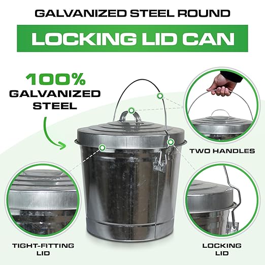 Plexon 6 Gallon Small Metal Trash Can with Lid Outdoor Locking Galvanized Metal Garbage Can with Lid for Poultry Feed Bird Seed Storage Ash Galvanized Bucket