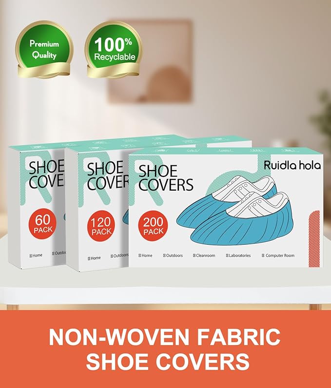 Shoe Covers Disposable 60 Pack, Non-Woven Booties for Shoes, Durable Non-Slip Shoe Protectors for Indoors, Breathable Stretch Fit – L & XL Sizes, Black/Grey/Printed Options