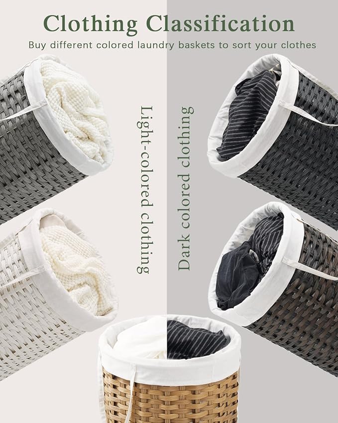 Laundry Hamper with Lid Laundry Basket with Lid 19.0 Gal (72 L) Round Wicker Laundry Basket Handwoven Rattan Basket with Lid Removable Bag 2 Mesh Bags Handles for Living Room Bathroom White