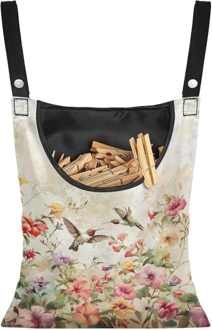 Hummingbird Pink Clothespin Bag, Large Clothes Pin Hanging Bag, Pin Bag with Large Opening for Clothes Lines Outside Yard Home Decoration