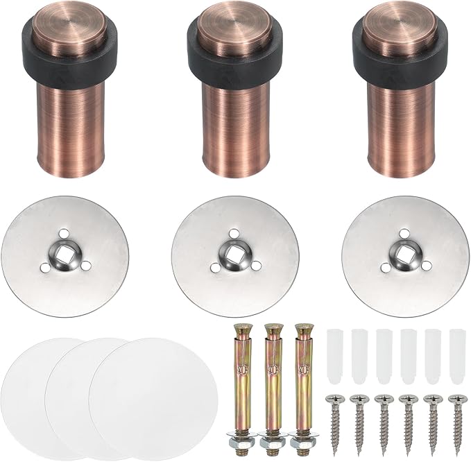 PATIKIL 3Set Round Door Stoppers, 80mm Stainless Steel Door Stop Doorstop Wedge Metal Cylinder Self Adhesive with Screw for Bottom of Door Floor Inside, Copper Tone