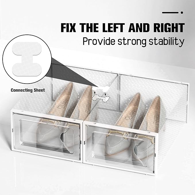 Kuject 15 Pack Shoe Storage Boxes, Large Clear Plastic Stackable Shoe Organizer for Closet, Connect Left and Right Shoe Boxes Case Container Bin for Entryway, Drop Front, Fit for Size 10(White)