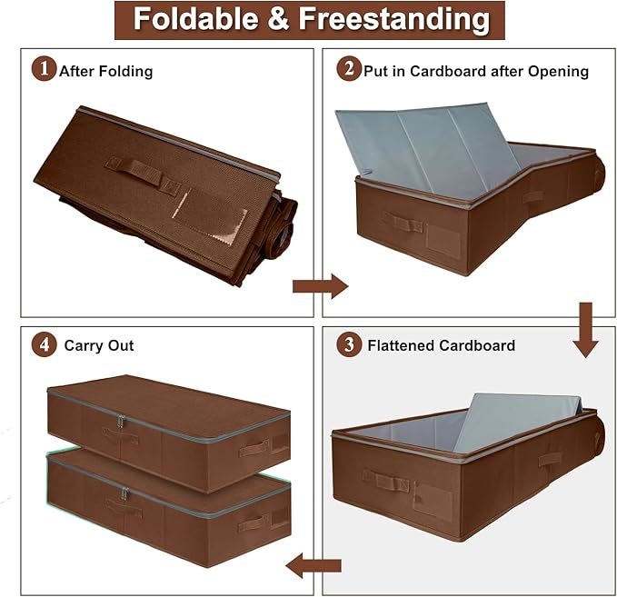 punemi Underbed Storage Box, Under Bed Clothes Storage With Sturdy Structure and Ultra Thick Fabric & zipper Lid, Use as Clothes Organizer, Pillow and Blanket Organizer, Brown, Large, 2 pack