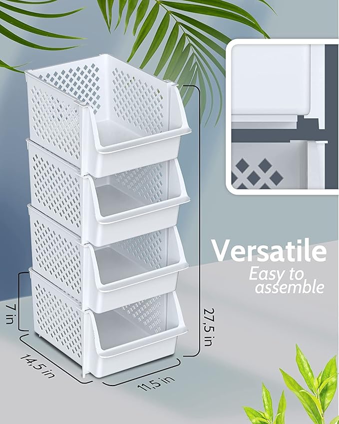 Skywin Plastic Stackable Storage Bins for Pantry - Stackable Bins for Organizing Food, Kitchen, and Bathroom Essentials (White - 50 Pack)