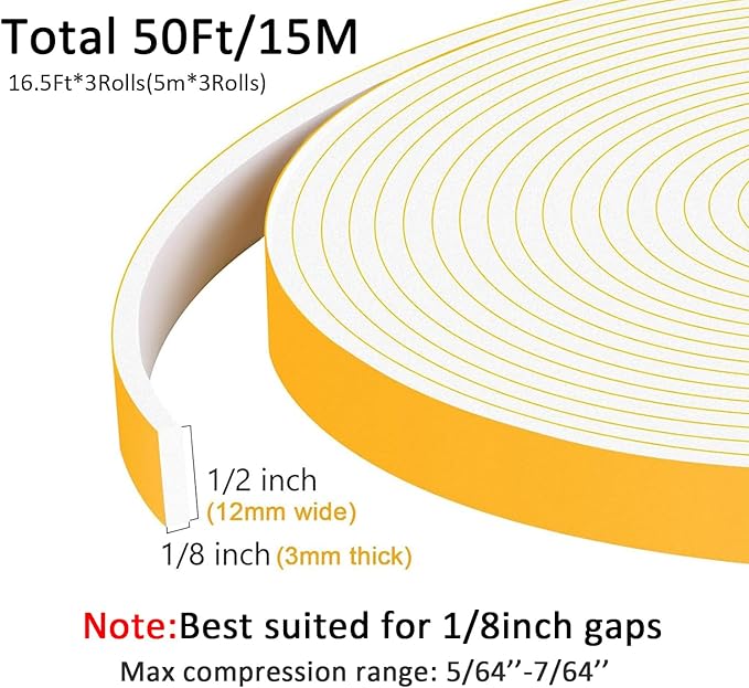 White Strong Adhesive Foam Tape, High Density Door Insulation Weather Strip，Soundproof Weatherproof, Foam Seal Tape for Sliding Door, Windows (1/2 in x 1/8 in x 50Ft
