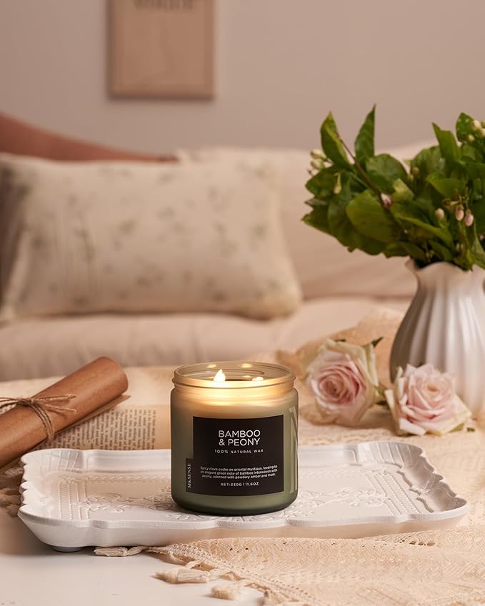 M&SENSE Bamboo Peony Scented Candle, 11.6oz Aromatherapy Jar Candle, 70 Hour Burn Time, Natural Soy Wax Blend, Stress Relief, Home Fragrance