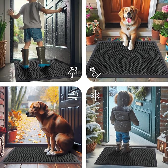 Smiry Front Door Mat Outside Entrance, Heavy Duty Outdoor Indoor Natural Rubber Doormat, Non Slip, Trap Dirt and Moisture, Easy Clean, Low Profile Patio Porch Entryway Mat, 59x35, Black