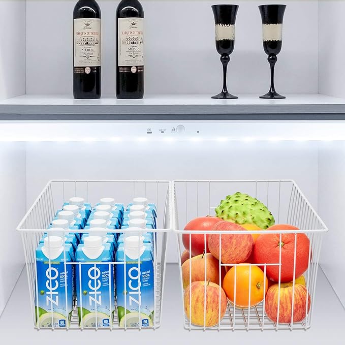 Freezer Organizer Bins, Upright Freezer Storage Blacks for 16, 17, 21 cu.ft Standup Freezer, Deep Freezer Organizer Bin with Hndle Add Space Easy Reach, White, 3Pack.