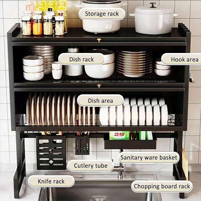 Dish Drying Rack 4 Tiers with Cover, Keep Kitchen Sink Shlef Organized Space-Saving Dish Drying Rack, for Dishes, Glasses, Bowls, Cutlery (black, W-29.5)