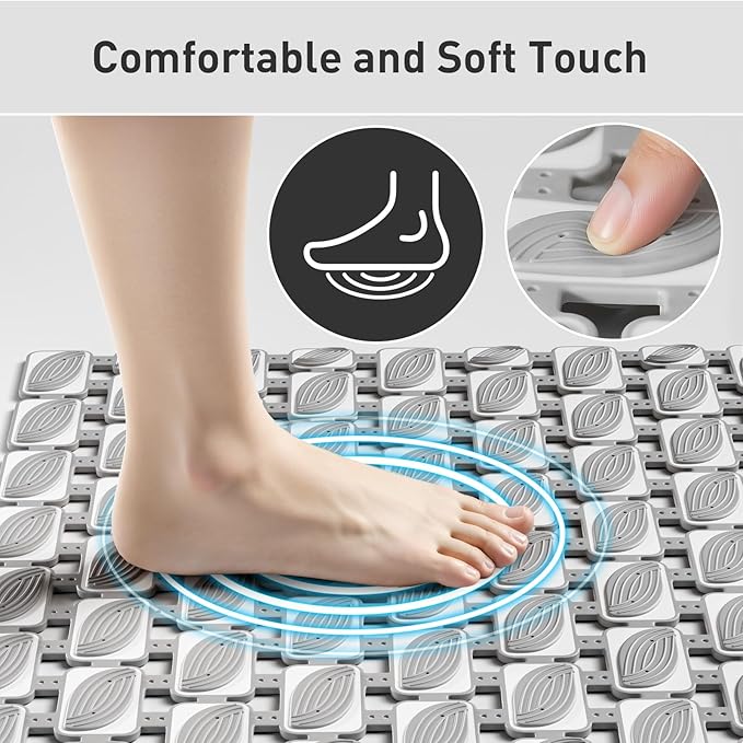Shower Mat Non Slip Bathtub Mat - 36 x 16 Inch Eco-Friendly Soft Bath Mat for Tub Non Slip Shower Mats for Inside Shower with Suction Cups and Drain Holes, Easy to Clean Quick-Drying, Grey