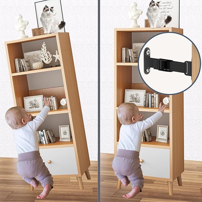 Anti Tip Furniture Anchors (2 Sets),Heavy Duty Furniture Wall Anchor,Adjustable Earthquake Straps,Furniture Anchors for Baby Proofing,Black
