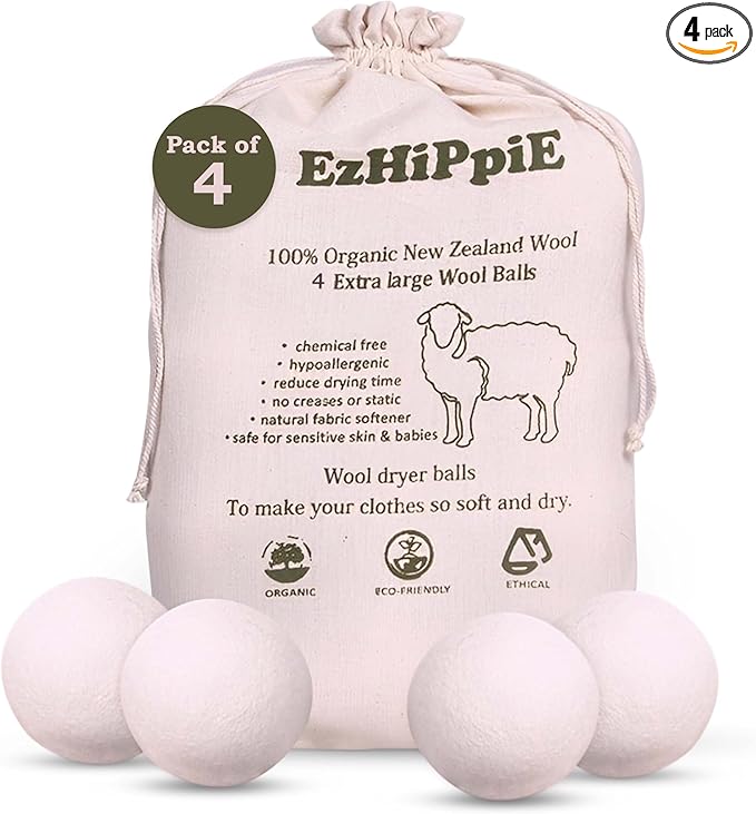 Ezhippie Quality Wool Dryer Balls - 4 XL Pack - 1000+ Loads - Pure Organic Wool - Reusable Natural Fabric Softener Perfect with Essential Oils, Reduce Clothing Static and Wrinkles
