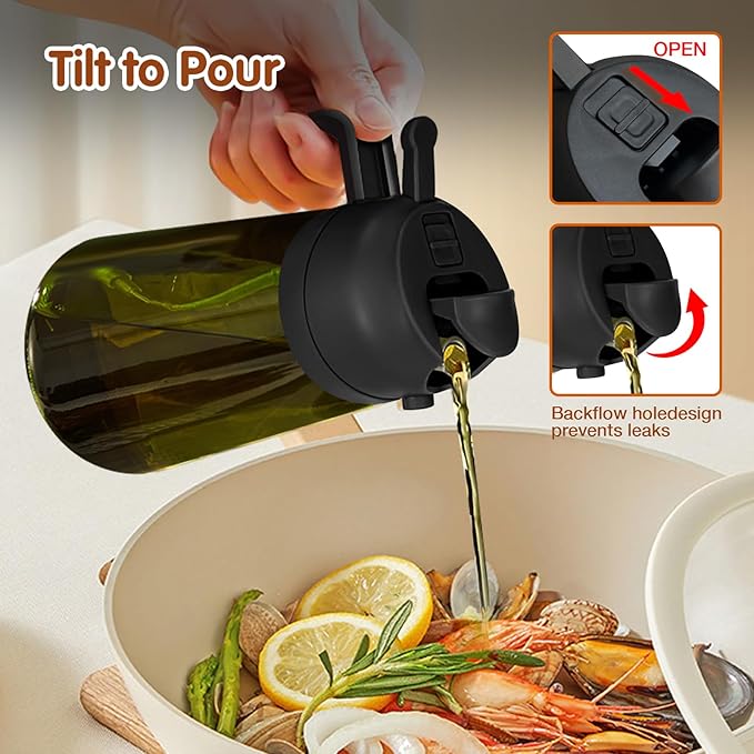 YARRAMATE 16oz/470ml 2PCS Light Blockage Dark Oil Sprayer for Cooking, 2 in 1 Olive Oil Dispenser Bottle for Kitchen, Green Glass Oil Bottle, Food-Grade Oil Mister for Air Fryer, BBQ (Black & White)