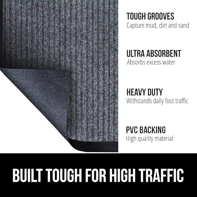 GORILLA GRIP Traffic Guard Door Mat, 2 Pack, Heavy Duty Waterproof Doormat, Commercial Office Space Welcome Mats, Stain and Fade Resistant, Low Profile, Strong Rubber Backing, 35x23, Gray