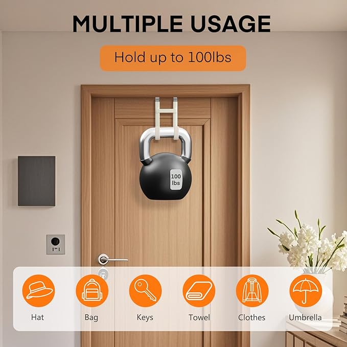 FYY Over The Door Hooks - 4 Pack Heavy Duty Dual-Hook Organizer Hanger with Non-Slip Rubber for Towels, Clothes, Hats & Bags Use in Bathroom, Bedroom, Kitchen - Fits Interior Doors Up to 1 3/8" Beige