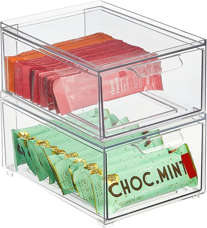mDesign Stackable Storage Containers Box with Pull-Out Drawer - Stacking Plastic Drawers Bins for Kitchen Pantry and Cupboard, Cabinet, Counter, Island and Tables - Lumiere Collection - 2 Pack - Clear