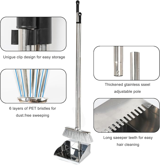 Broom and Dustpan Set,Soft Bristles Indoor Kitchen Broom with Stainless Steel Dustpan ，Metal Dust Pan，Silvery White, Suitable for Ceramic Tiles, Solid Wood, Composite Flooring