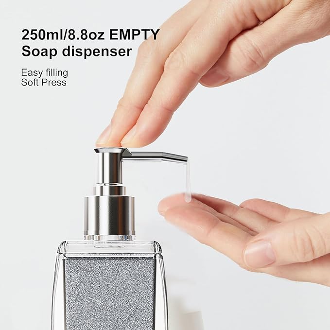 Silver Soap Dispenser with Refillable Plastic Pump for Bathroom Sink or Kitchen Counter, Ideal for Hand Soap, Liquid Soap, Dish Soap, or Lotion Use