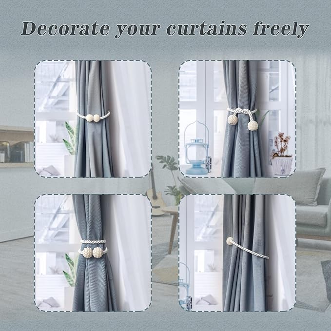 Hion Magnetic Curtain Tiebacks White 6 Pack, Curtain Tiebacks Buckles Holdbacks Holders Hooks Clip for Home Bedroom Office Decorative Thick or Thin Curtain