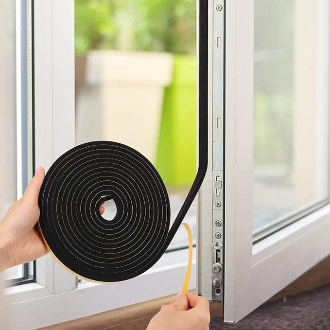 Black Weather Stripping Door Seal Strip (3/5 Inch X 1/4 Inch X 16Feet), Strong Adhesive, Lightproof, Soundproof, Weatherproof Foam Tape Insulation for Sliding Door, Front Door Frame, Windows