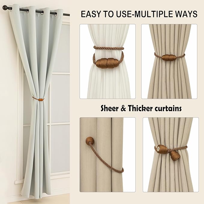 Magnetic Curtain Tiebacks Rope Curtain Tie Backs for Curtains 4 Pack Curtain Holders for Drapes Decorative Window Curtain Holdbacks, Khaki