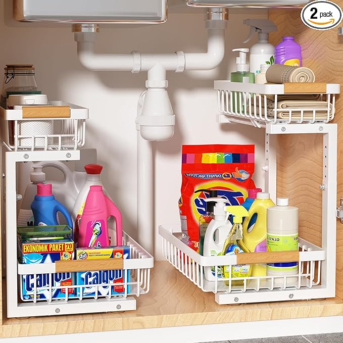 Under Sink Organizer 2 pack, 2 Tier Slide Out Under Sink Organizers And Storage, Height Adjustable Pull Out Cabinet Drawers, Kithcen Bathroom Metal Storage Caddy Shelf, White
