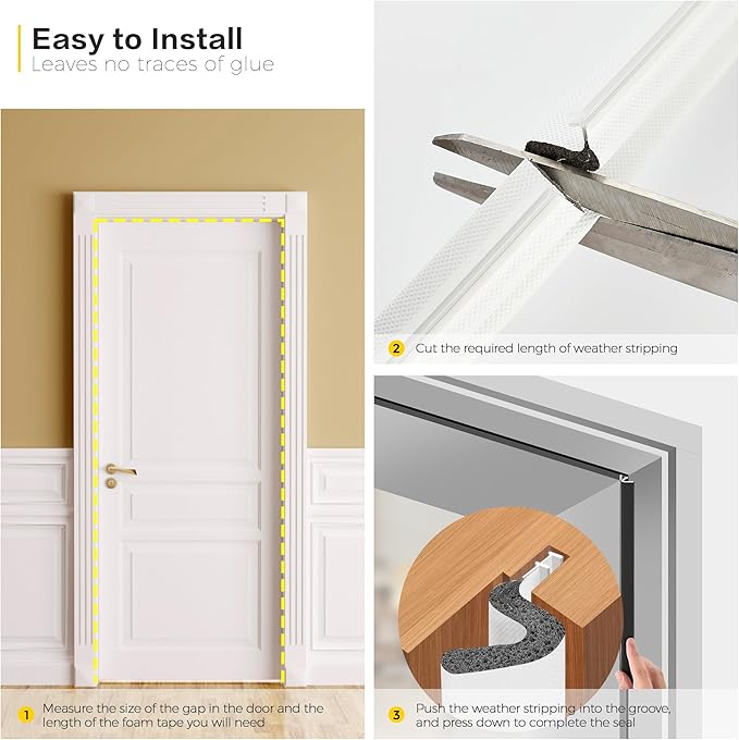 Weather Stripping Door Seal Strip - Soundproof Q-Shaped Foam for Exterior Door Frame, Large Gap Seal, Noise Cancelling, Easy to Install (White, 40FT)