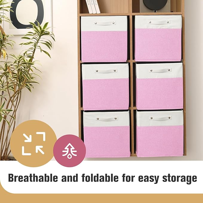 13 x 13 Inch Fine Linen Storage Bins with Handles，Fabric Cube Boxs，Collapsible Basket Organizers for Shelves for Home, Closet Drawers (White/Pink-6 Pack)