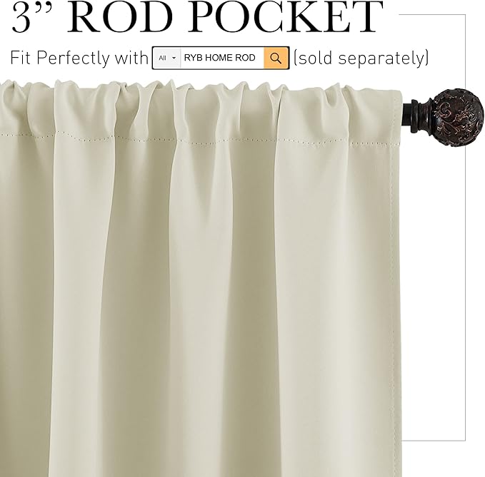 RYB HOME Half Window Curtains - Thermal Insulated Blackout Curtain Tiers Set for Kids Nursery Kitchen Dining Bedroom Bathroom Laundry, 29 inch Wide x 36 inch Long, Beige, 1 Pair