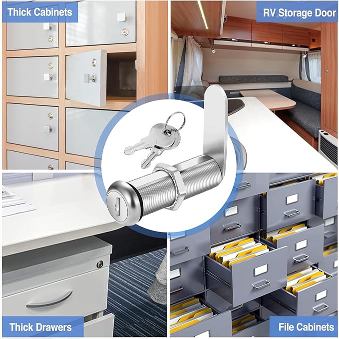 Extra-Long Cam Locks, 2-1/8 Inch, Keyed Alike, Set of 2 for Thick Drawers & Cabinets, Zinc Alloy