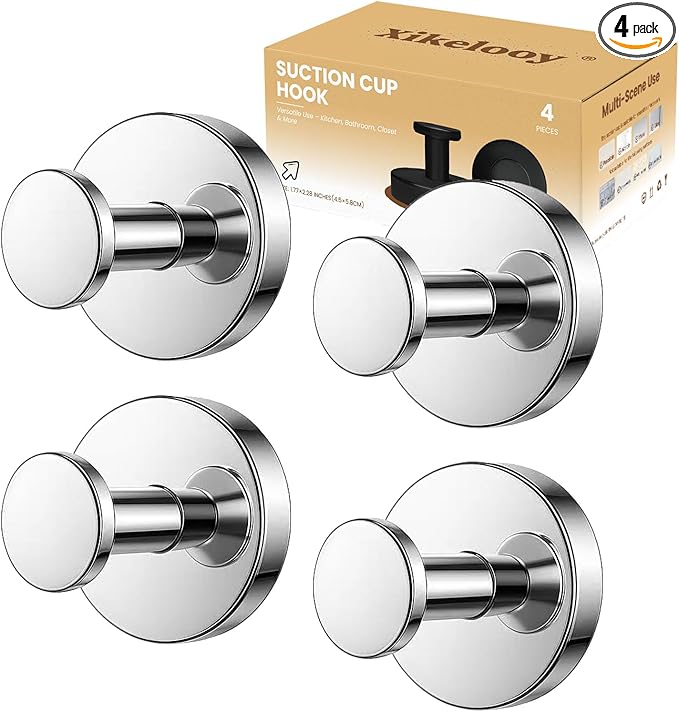 4 Pcs Suction Cup Hooks for Shower，Removable Hooks，Towel Hook，Suction Hook for Bathroom, Bedroom, Glass Window (Bright Silver)