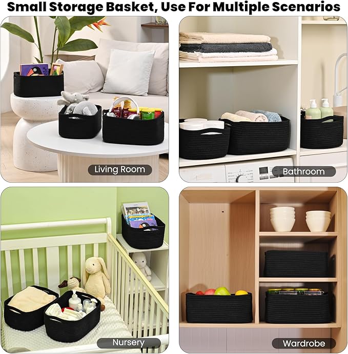 Small Black Baskets for Organizing, Storage Baskets for Shelves, Small Woven Cotton Rope Basket for Storage, Basket for Gifts Empty, 13"×8.5"×5.1" (3 Packs) Black