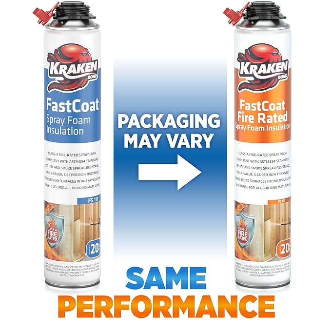 Kraken Bond Fastcoat Fire Rated Spray Foam Insulation Kit Closed Cell in a Can 120 sq ft (6x27.1 oz.) (R-Value 11.32 / 2in) - Spray Foam for Garage Door, Attic, Wall Gun & Cleaner Included, 6 Pack