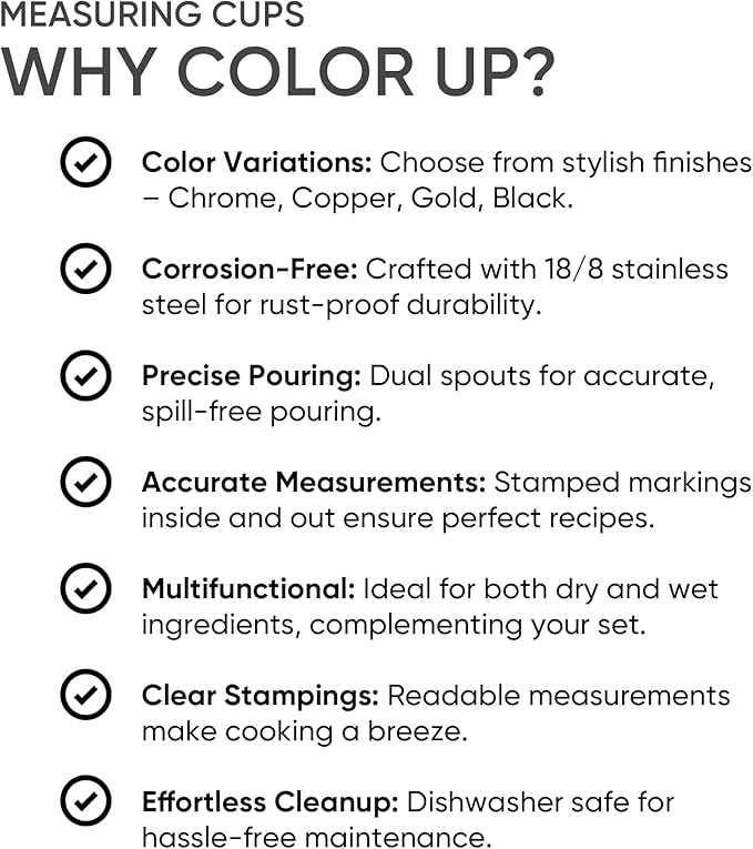 Color Up 2 Cup Measuring Cup, 480ml Stainless Steel Metal, Easy-Pour Spouts, Engraved Markings, Flat Base, Dishwasher Safe, for Dry and Liquid Ingredients