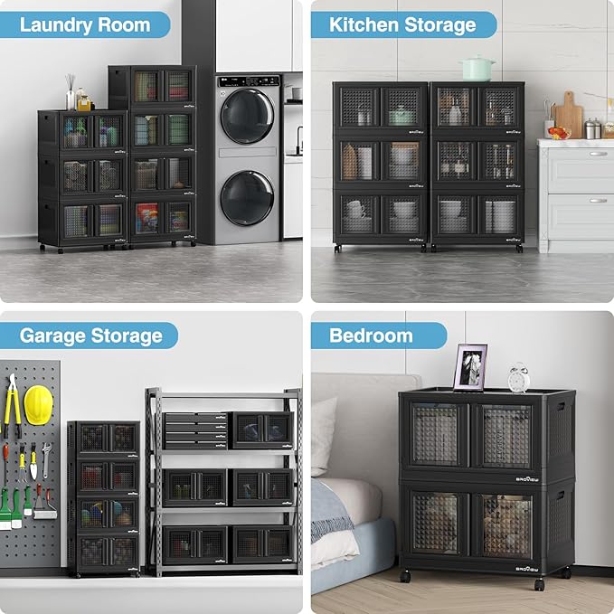 BROVIEW 160Gal Stackable Storage Bins with Lids & Wheels, 640Qt Plastic Collapsible Closet Organizer and Storage Drawers, Storage Boxes Cabinets for Home, Office, 8 Pack, Black