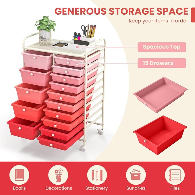 GOFLAME 15-Drawer Rolling Storage Cart, Multipurpose Movable Organizer Cart, Utility Cart for Home, Office, School, Pink