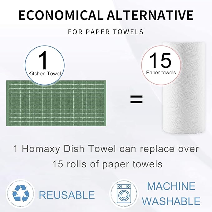 Homaxy 100% Cotton Terry Kitchen Towels(Grass Green, 13 x 28 inches), Checkered Designed, Soft and Super Absorbent Dish Towels, 8 Pack