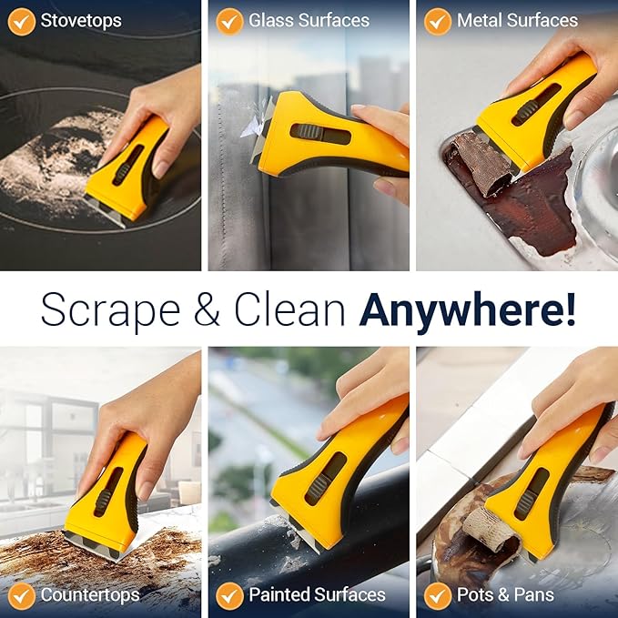 Razor Blade Scraper Tool With 15 Extra Blades - Razor Scraper Tool for Glass, Stove Top Scraper, Scraper Tool for Kitchen, Paint, Glass, Window, Cleaning