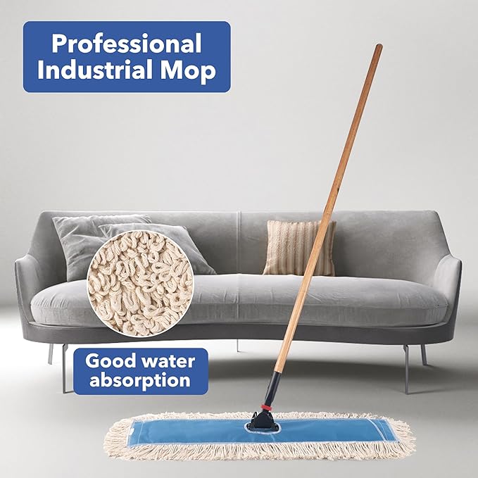 Matthew Cleaning 36'' Industrial Strength Cotton Dust Mop Refill Washable Replacement Heads for Residential & Commercial Use Fit Standard Dust Mop Frames, Hardwood, Concrete Floors Blue&White 1 Pack
