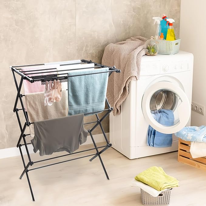 3 Tiers Foldable Clothes Drying Rack, Vertical Laundry Rack Portable and Collapsible for Storage Indoor Outdoor，Pure Black