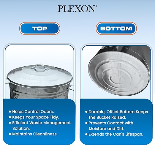 Plexon Round Trash Can 13 Gallon, Vintage Metal Outdoor Trash Can with Lid, Retro Farmhouse Garbage Container, Old School Modern Ash Bucket, Galvanized Steel 3 Pack