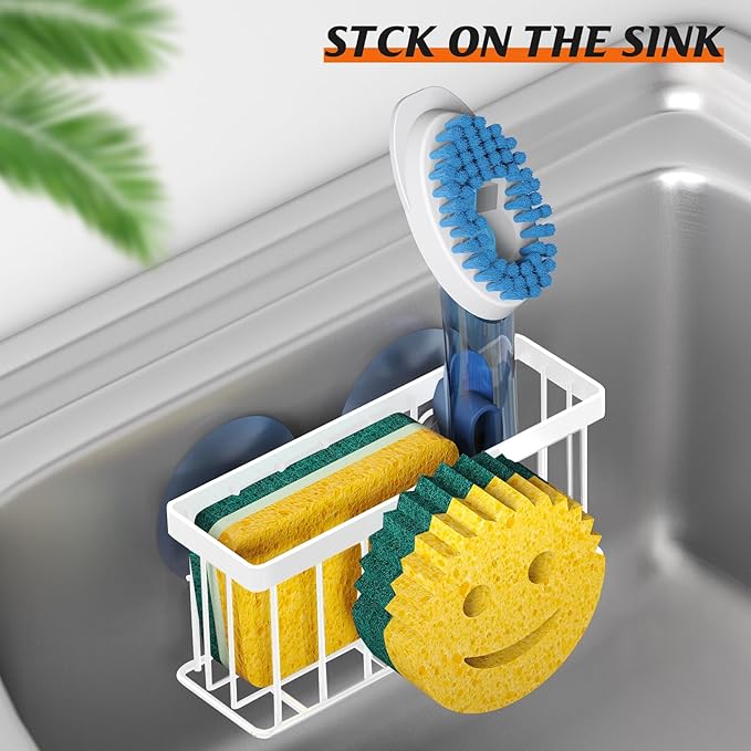 Sponge Holder Smiley Face,Sink Caddy,Sink Organizer with 2 Suction Cups/1 Adhesive Strips,Designed for Sponge,Soap,Dish Brush,Scrubber - White